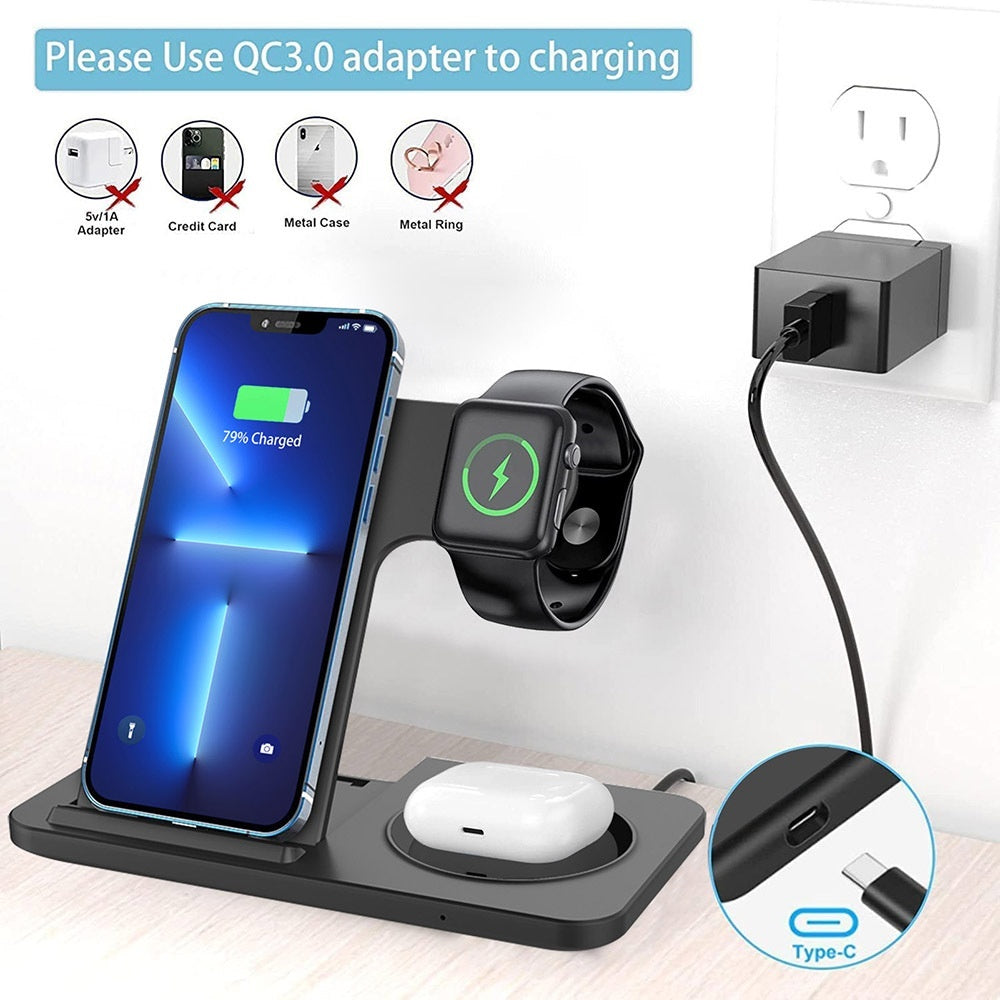 3-in-1 Wireless Charging Station - Fast 15W MagSafe Charger for iPhone, Apple Watch & AirPods