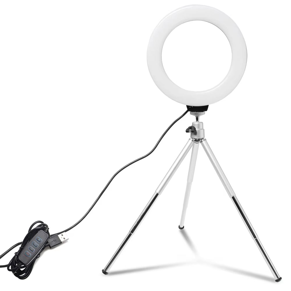6Inch Mini LED Desktop Video Ring Light Selfie Lamp with Tripod Stand USB Plug for Youtube Live Photo Photography Studio