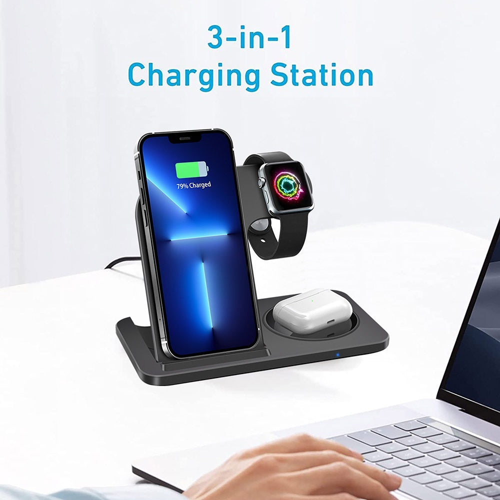 3-in-1 Wireless Charging Station - Fast 15W MagSafe Charger for iPhone, Apple Watch & AirPods - GlitchyPhones