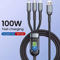 3 in 1 100W Transparent Pilot Lamp Super Fast Charging Cable Universal with Type C Usb Micro for Iphone Samsung Huawei Xiaomi 6A