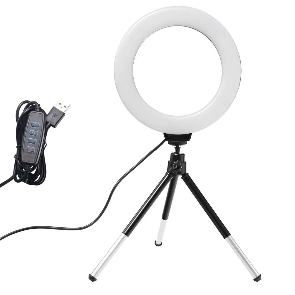 6Inch Mini LED Desktop Video Ring Light Selfie Lamp with Tripod Stand USB Plug for Youtube Live Photo Photography Studio